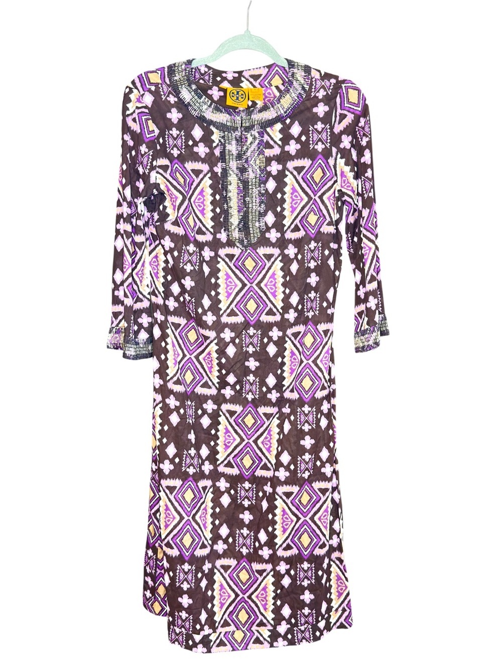 Tory Burch Tunic Dress Purple Brown Pool Beach Embellished Neck Size 4 - Picture 2 of 9